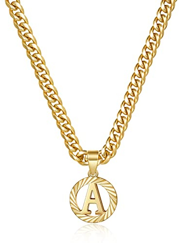 KissYan Gold Initial Necklace,14K Gold Plated Round Letter Pendant Hollow Capital Monogram 5mm Cuban Chain Necklace Alhpabets from A-Z Dainty Jewelry for Women Men(Gold A)