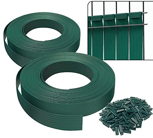 VOUNOT® Tiras de Protección Visual de PVC 150 m x 4.7 cm para Valla de Jardín y Valla de Doble Varilla, Protectora de Privacidad con 300 Clips de Fijación, Verde