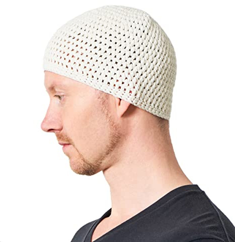 CHARM Sombrero Hombre Kufi Gorro de Punto - Gorro Crochet Algodón para Oración Verano Hecho A Mano Blanco L