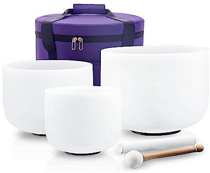 Hye-eun Juego de cuencos tibetanos de cristal, 432 Hz, 8 pulgadas, 10 pulgadas, E 12 pulgadas, 3 unidades, con bolsa de transporte gratuita, baquetas para sanación y equilibrio, terapia, meditación