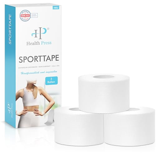 Health Press® Sporttape - 3 Tape Rollen (3,8cm x 10m) - Sporttape weiß - reißbares Profi Sport Tape - Sport Tapeverband für alle Sportarten