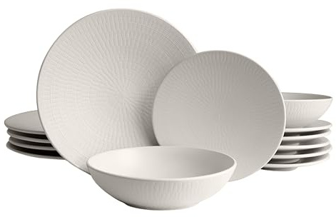 ECHTWERK Blanka Servizio da Tavola Vintage per 4 Persone - 12 Pezzi Elegante Design Naturale Con Struttura in Terracotta - 4 Piatti da Pranzo, 4 da Dessert, 4 Fondi - Crema