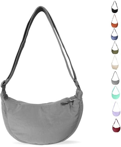 LOCCY Damen Halbmond Crossbody Schultertasche, Hobo Halfmoon Bag Einfarbige Nylon Crossbody Bag Damen Halbmond Schultertasche mit verstellbarer Schultergurt für Frauen Mädchen(Grau)