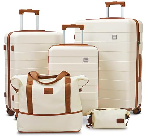 imiomo Juego de Maletas, 5 Piezas Equipaje Set Trolley de Viaje, Maleta de Mano Gran Espacio, Rodillo de 360° y Cerradura TSA Incluidas 1 Neceser y 1 Bolsa