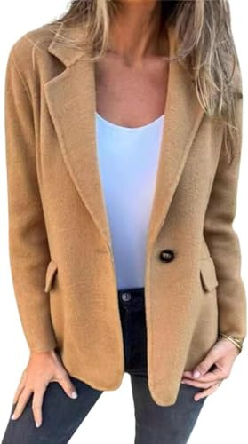 Chaqueta Blazer de Color sólido Suave y cálida para Mujer Chaqueta Informal de Oficina de Negocios Corta con Solapa abatible y Botones con Bolsillos para otoño e Invierno (Caqui,S)