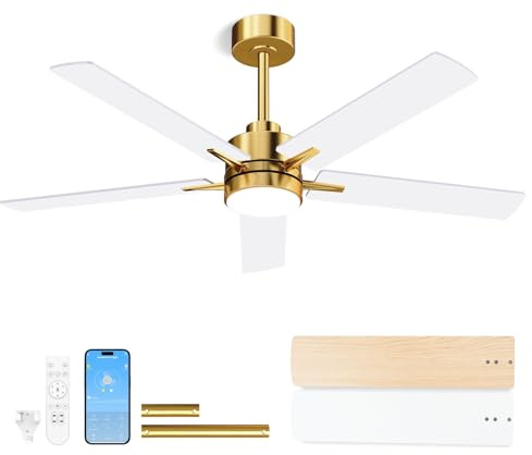 LANMEL Metal Ceiling Fan with Lights and Remote, 52 Inch, Gold & White