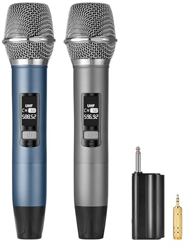 Meloace Rechargeable UHF Wireless Microphones, Two Metal Handheld Microphones with 1/4 Receiver, Plug-and-Play for Speaker & PA System, Karaoke Singsing, Lecture, Stage Performance (Blue&Grey)