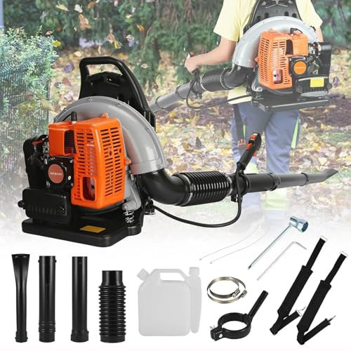 Soplador de hojas con mochila, soplador de hojas a gasolina con mochila de 78 CC con motor de 2 tiempos, soplador de césped multiusos con refrigeración por aire, sopladores de alta resistencia para