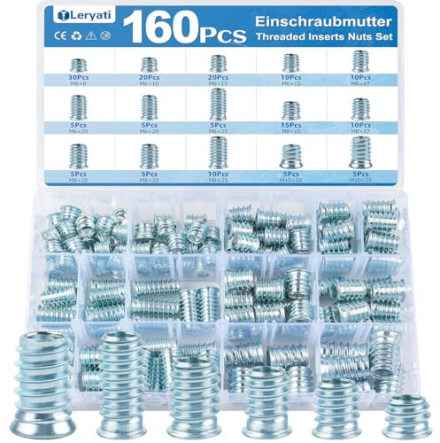 Pack of 160 Screw Nuts M6/M8/M10, Leryati Threaded Insert Wood Alloy Steel Threaded Sleeve, Zinc Screw-In Sleeve, Hexagon Socket, Screw-In Nut for Wooden Furniture