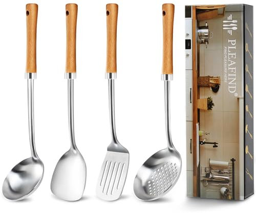 Pleafind Set di utensili da cucina da 4 pezzi, set di utensili da cucina in acciaio inox include spatola wok e spatola, mestolo per zuppa, mestolo, cucchiaio scanalato