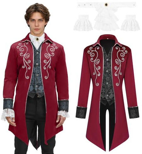 JDFAIJEAL Manteau de frack médiéval, steampunk, pour homme, style vintage, victorien, gothique, Halloween, pirate, vampire, cosplay (rouge, taille XXL)