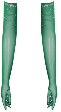 inlzdz Gants Femme Longs Gants de Soirée Filet avec Strass Figer Standard Danse Costume Accessoires Vert Taille unique