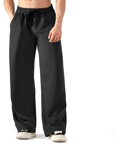 ineepor Mens Baggy Joggers Fleece Lined (L-2XL) Wide Leg Tracksuit Jogging Bottoms Open-Hem Men's Joggers Sweatpants with Pockets Drawstring Thermal Trousers Gym Black