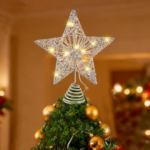 Christmas Tree Topper Star, Silver Wire Glitter Tree Toppers 20 LED Lights Ornaments Topper Metal Design Glittered Christmas Tree Topper Star Warm White Light for Xmas Home Decorations
