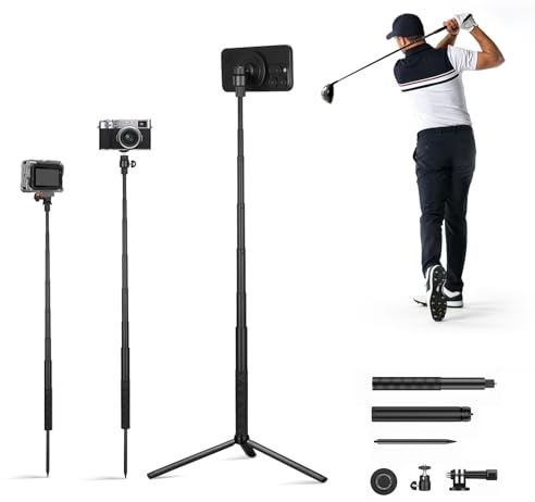 Einbeinstativ und Stativ Selfie-Stick zum Aufnehmen von Golf-Schwungtrainingshilfen mit Bodenspitzeinsatz & Adapter für Gopro & 1/4-Schraube, Magnetischer Golf-Handyhalter kompatibel mit iPhone