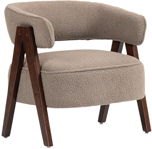 HOMCOM Butaca de Salón Tapizada en Borreguito, Sillón de Lectura Acolchado Grueso y Moderno, Asiento Ancho, Patas de Madera, Respaldo Curvado, para Dormitorio, Oficina, Marrón Claro