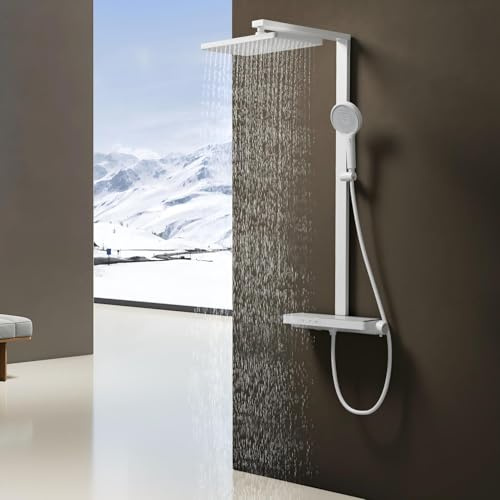 EMKE Duschsystem mit Thermostat KTW, 36 x 24 cm Regendusche mit Armatur, Duscharmatur Komplettset mit 40 cm Glasablage, ABS Handbrause 3 Strahlarten, Duschset mit PVC Schlauch, Weiß Matt