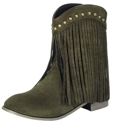 Generiska västerländska stövlar dam cowgirl cowboystövlar mocka stövlar låg klack ankelstövlar med fransar damstövlar nitar korta stövlar bekväma slip-stövlar eleganta halvstövlar