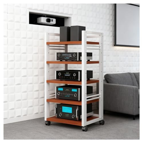 HIFI-stånd Stereo Rack AV Media Ställ med hjul, HIFI-stånd i trä för CD-skivor, skivspelare, stereo-mottagare, AV-utrustningsskåp, displayställ för vardagsrum(White2)