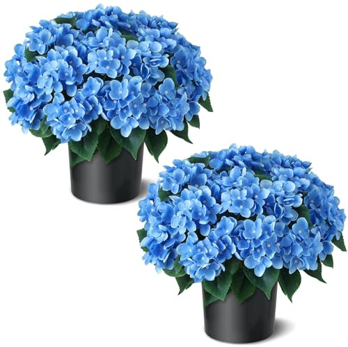 2 Sets Artificial Hydrangea Flower Topiary Ball Trees for Porch (Blue)