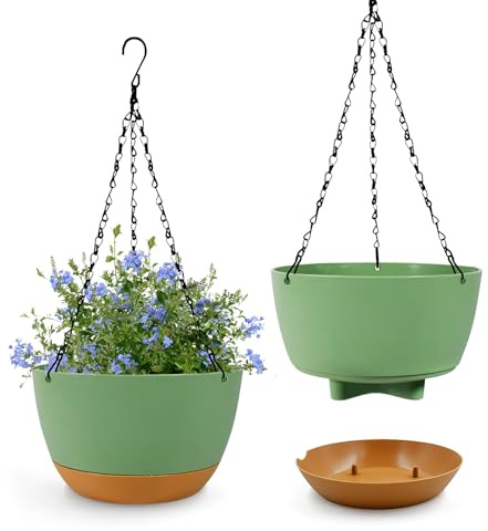 IHONYI Hanging Basket,2 Pack Hanging Plant Holder Indoor Outdoor – Hanging Baskets with Metal Hooks & Chains for Balcony, Garden, Patio, Ceiling Decor (8.3 Inch Green)