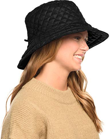 Foldable Water Repellent Quilted Rain Hat w/Adjustable Drawstring, Bucket Cap (Black)