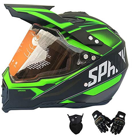 MRDEAR Casque Motocross Homme avec Visiere Gants Masque, Casque Cross Adulte Noir et Vert, Casque VTT Integral Set de Casque Moto pour Velo Quad Enduro ATV Downhill Scooter,L