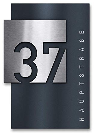 Metzler Hausnummer Anthrazit, individuelles Hausnummernschild aus Edelstahl und Acrylglas, Straßenschild mit Hausnummer, V2A-Edelstahl, rostfrei, gebürstet, 3D-Effekt, Made in Germany, Maße: 21x30 cm