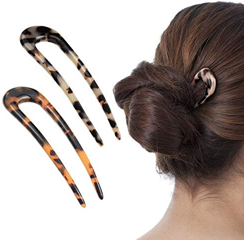 2 Pack Benefree French Style Cellulose Acetate Tortoise Shell U Shaped 4.7 inch Hair Pins Fork 2 Prong Updo Chignon Pin for Women Girls Hairstyle Accessories（Tortoiseshell and White Tortoiseshell)