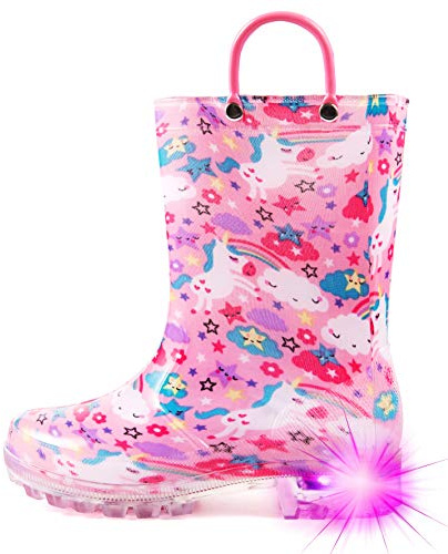 Hugrain Adorables bottes lumineuses pour enfants avec poignées faciles à enfiler, Licorne rose et verte., 31 EU