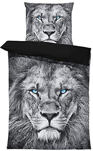 one-home 4 teilig Wende Bettwäsche 135x200 cm Löwe grau Silber schwarz Tiere Mikrofaser