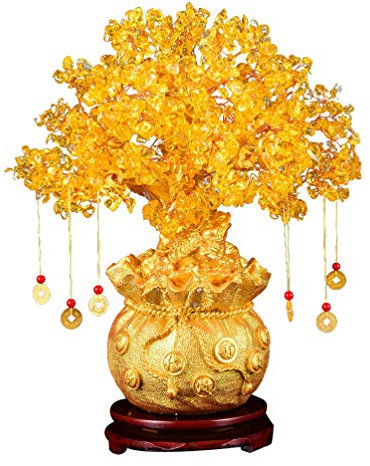 Milisten Citrino Árbol del Dinero Natural - Decoración Feng Shui Cristal Bonsai Estilo Rico con Monedas de Oro Y Base - 19Cm