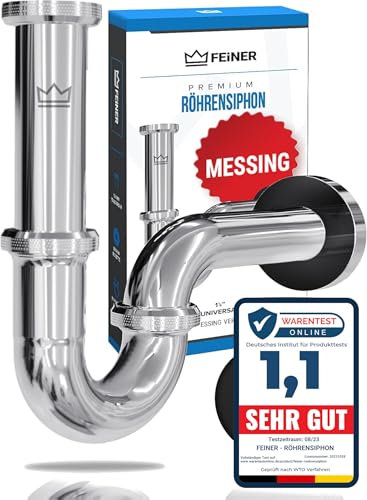 FEINER® Universal Siphon Basin Chrome 1 1/4 Inch Complete Set Everything Included Immersion Pipe 2-12 cm Height Adjustable + Free Seals, Sink Drain Fitting, Installation Video
