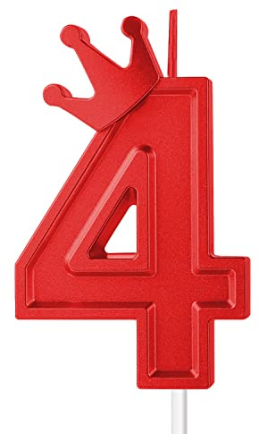 AIEX 7,6cm Velas de Cumpleaños Números, Velas de Cumpleaños Grandes Velas Numeros 3D para Tartas con Decoración de Corona Cake Topper para Boda Valentín Aniversario Festival Fiesta (Rojo, 4)