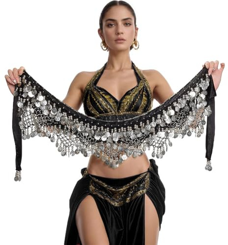 Women Triangle Hip Scarf Wrap Skirts Belly Dance Hip Belt with Gold Coins Dance Costume (Black Silver)