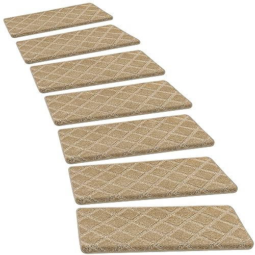 PURE ERA Bullnose Carpet Stair Treads Set Tape Free Non-Slip Indoor Stair Protectors Pet Friendly Rugs 9.5 x 30(14 Pieces,Khaki Diamond Trellis)