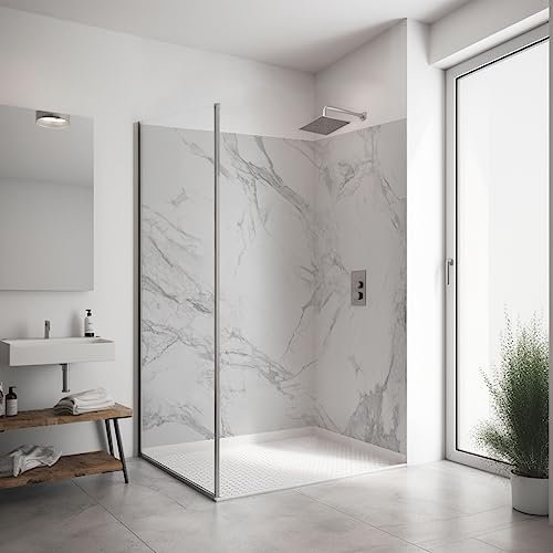 ORIGINAL PlateART Eck-Duschrückwand, 2 Platten à 90x200 cm, Wandverkleidung, Wandbild, Rückwand Alu-Dibond OHNE FUGEN, Fliesenersatz, Marmor Weiß-Grau - Made in Germany