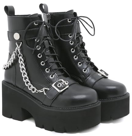 GooMaShoes Bottines pour femme Punk noires à talon épais avec lacets et plateforme, bottines gothiques à talon haut avec bout rond, bottes de combat à lacets latéraux Gothiques, Noir 10, 36.5 EU
