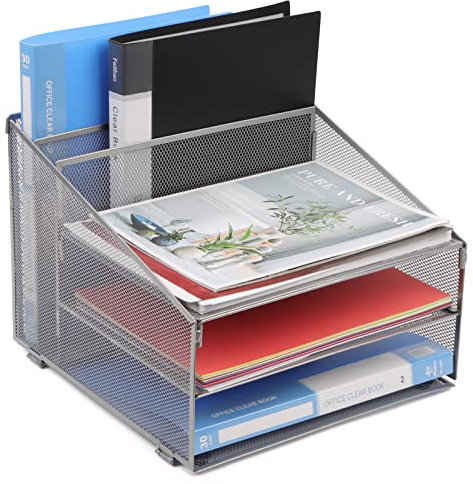Zeitschriftenständer für den Schreibtisch, 2 Vertikale und 3 Horizontale Fächer, 32 x 31,5 x 23,5 cm Dokumentenhalter, Zeitschriftenhalter aus Netzstoff, Metall Prospekthalter für Büro, Schreibtisch