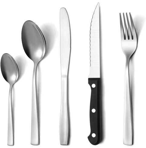 Pleafind Set di Posate Acciaio Inox, 30 Pezzi, Per 6 Persone, Con Coltelli da Bistecca, Lucidato a Specchio, Design Ergonomico, Lavabile in Lavastoviglie