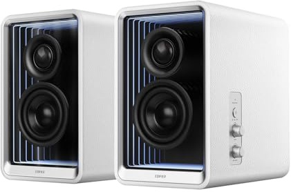 Edifier QR65 Desktop Active Monitor with 2.75 Long-Throw Aluminum Diaphragm mid-Low Drivers, Hi-Res Audio, Brilliant Light Effects, 70W Output Power Bluetooth Speakers with Stands - White