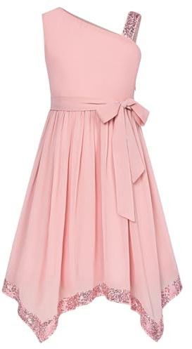 GRACE KARIN Robe Princesse sans Manches à Une épaule pour Filles, Robe de Demoiselle d'honneur à Sequins Rose, 6 Ans
