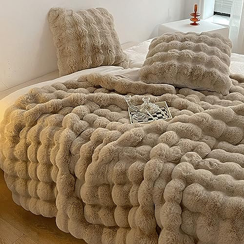 MJMLUCK Kuscheldecke Kaninchen Plüsch Decke Super Soft Schlafzimmer Büro Weiß Fleece Decke, wendbar, flauschig, warm, gemütlich, warm Blase Kunstpelz Decke für Bett Sofa(Kamel 160 × 200 cm)