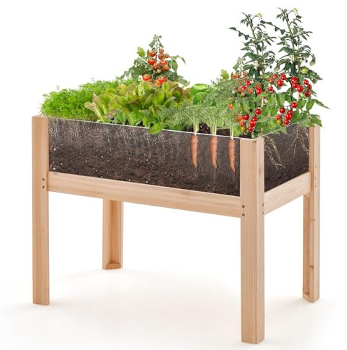 GOPLUS Jardinera Elevada de Madera Abeto 130L, Huerto con Paneles Acrílicos y Orificios de Drenaje, Cama Elevada de Jardín para Plantas, Verduras, Frutas, Hierbas, Flores (100x59x77cm)