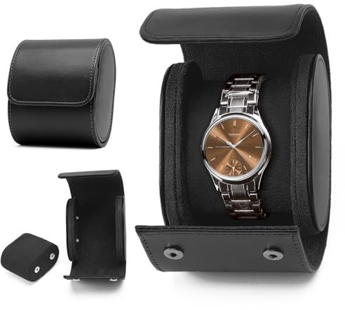 KoGiio Caja de Reloj de Cuero Retro con 1 Ranuras - Caja de Reloj de PU Soporte Organizador de Reloj Caja de Reloj de Viaje Caja de Almacenamiento de Reloj ，compartimentos de terciopelo - Negro