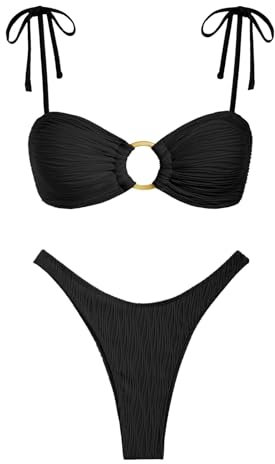 ZAFUL Women's Bandeau Bikini Tie Shoulder O Ring Cheeky Swimsuit