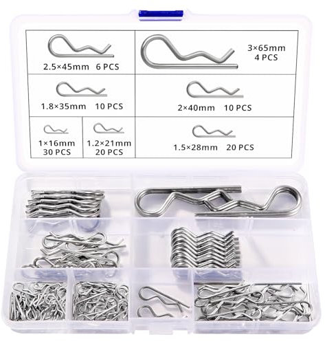 VooGenzek 100 Pièces 7 Taille Goupilles Fendues Acier Inoxydable Kit, R Clips Goupilles de Retenue, Goupilles à Ressort de Fixation, pour L'automobile, la Mécanique, le Garage Automobile, L'atelier