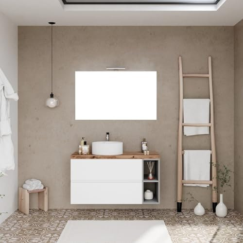 Kiamami Valentina - MOBILE BAGNO SOSPESO 100CM BIANCO CON VANO A GIORNO GRIGIO, TOP ROVERE E SPECCHIO 100X60 | NIZZA