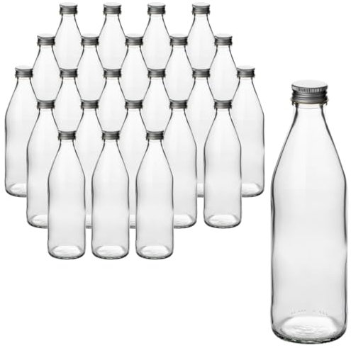 gouveo - Juego de 24 botellas de vidrio de 330 ml estilo retro - Vidrio transparente premium con tapón de rosca PP28 (plateado) - Ideal para bebidas, aceite, licores y almacenamiento (SFR330S)