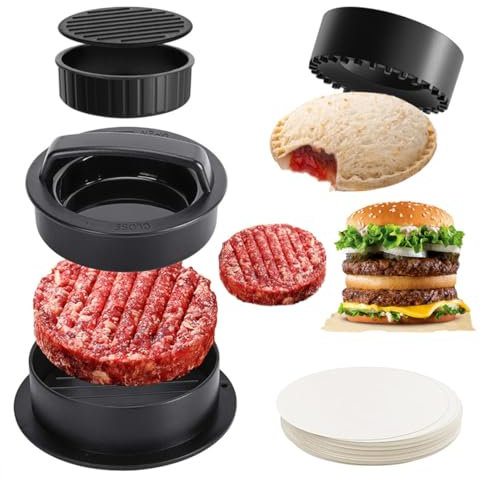 ZMREN Pressa Hamburger 4 in 1, Antiaderente Stampo per Hamburger + 100 Fogli di Carta Antiaderente, Macchina per Hamburger con Manico, per Hamburger Fare Barbecue Polpette